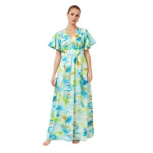 PENNEY'S HAWAII 70's Maxi Dress Tropical Flutter Sleeve Blue Green Bright